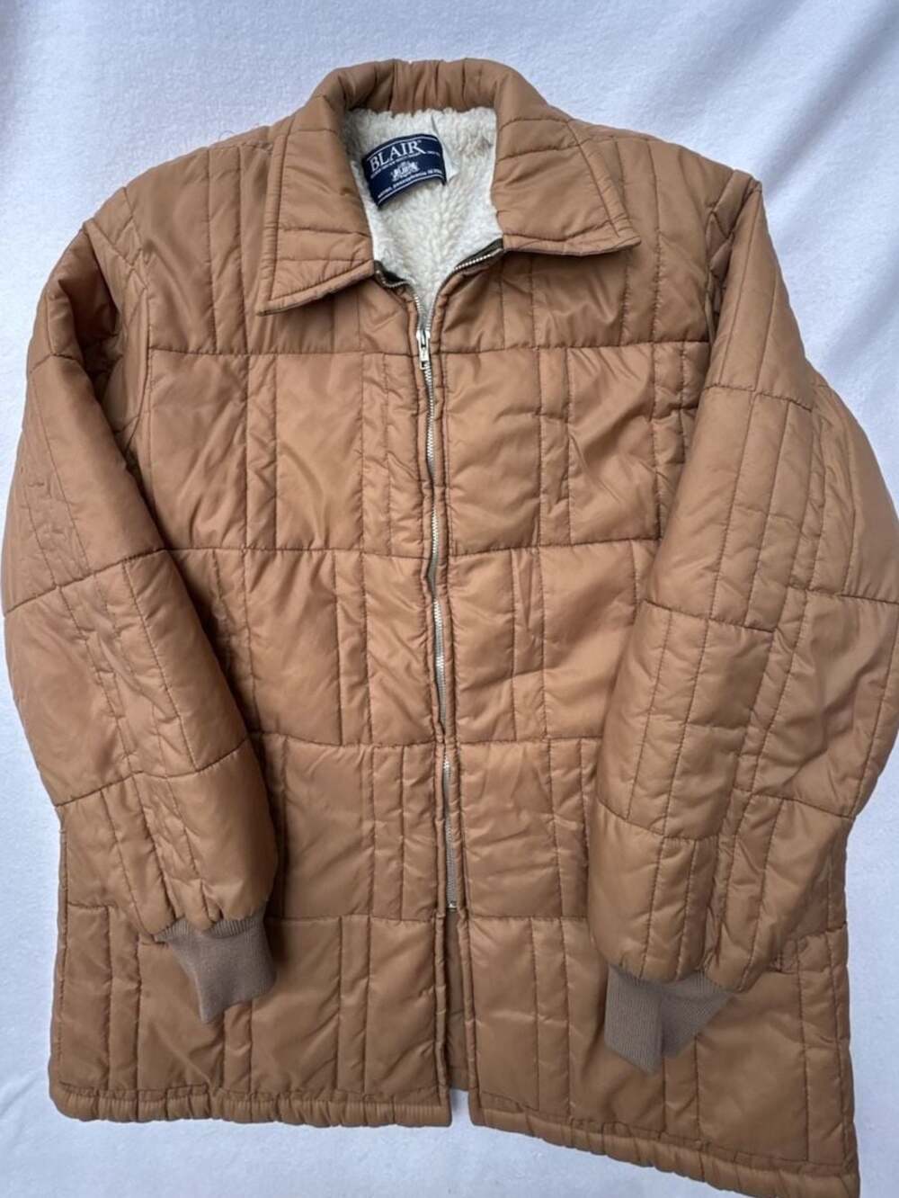 Vintage Blair Men's Tan Nylon Quilted Shearling-Lined Zip-Up Jacket XLT